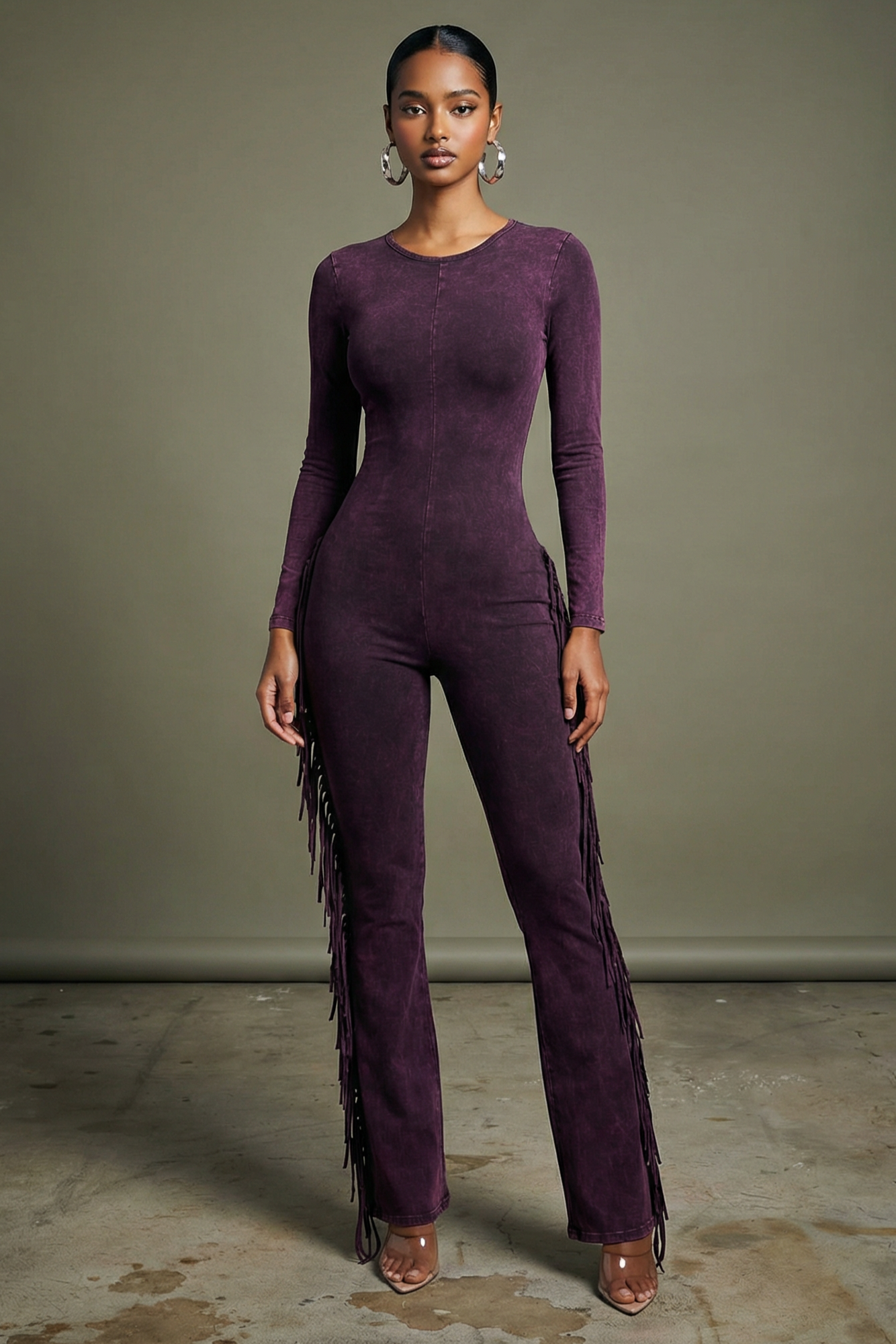 Mineral Wash Fringe Long Sleeve Jumpsuit | Muvin