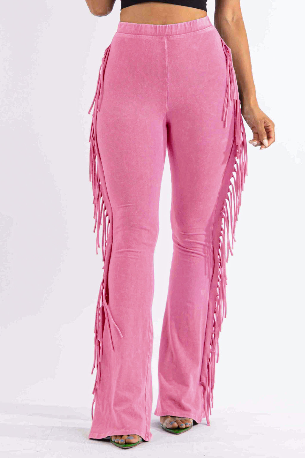 Pink fringe trim mineral wash pants, detail view on model