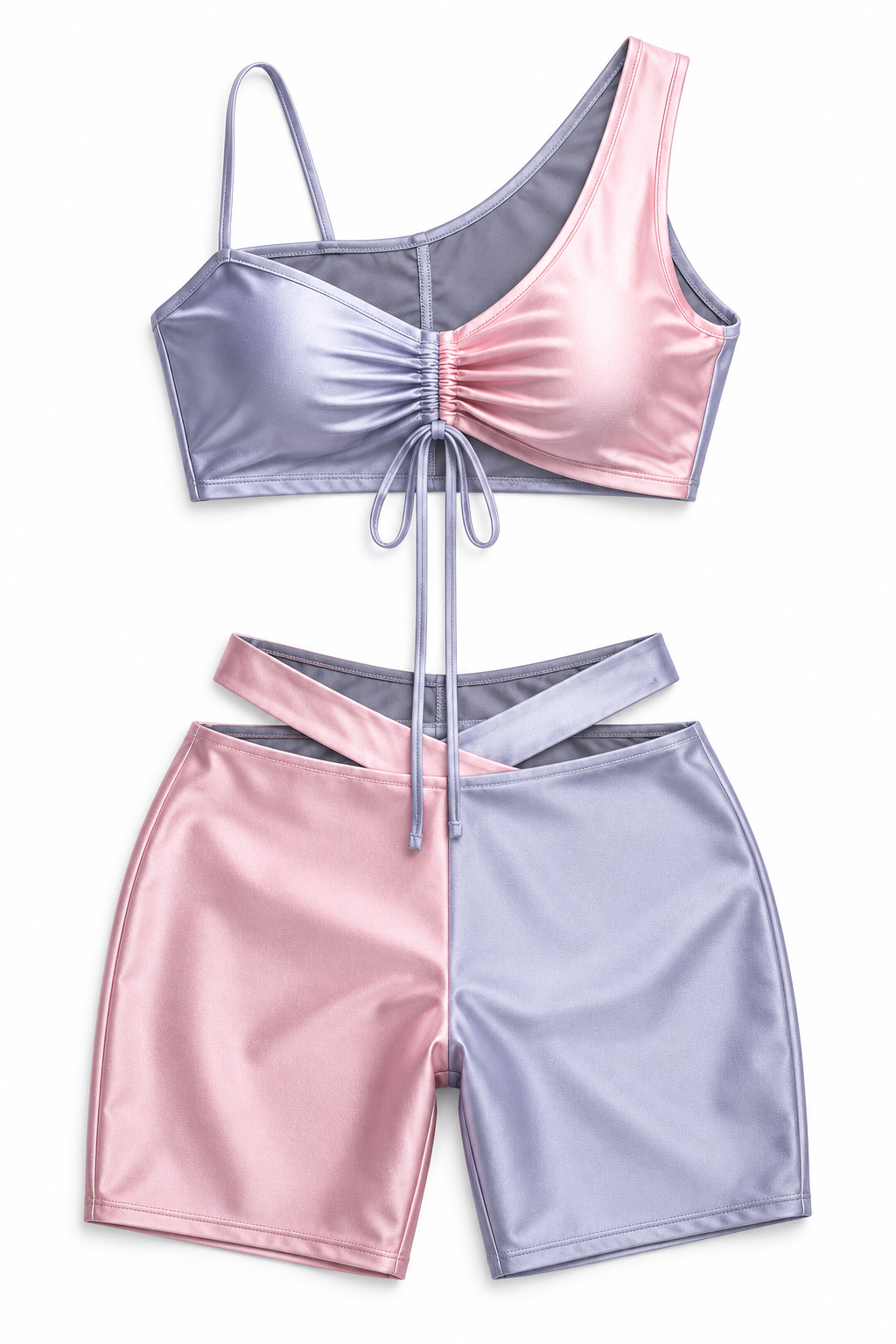 Lavender and blush satin color block biker shorts set, detail view, garment only