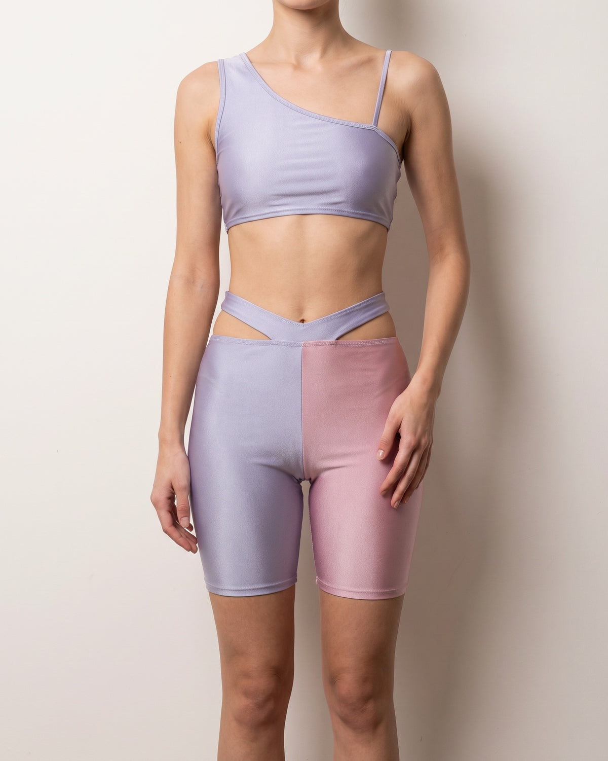 Lavender and blush satin color block biker shorts set, alternate front view on model