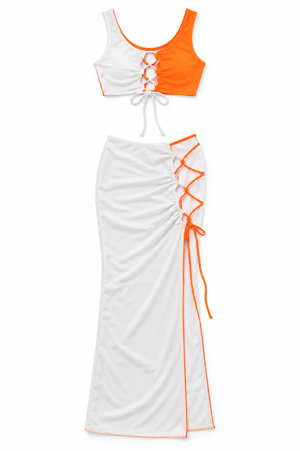 White and orange spandex color block maxi skirt set, detail view, garment only
