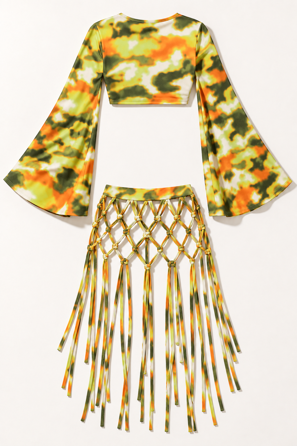 Lime printed bell-sleeve top and net fringe skirt - back view