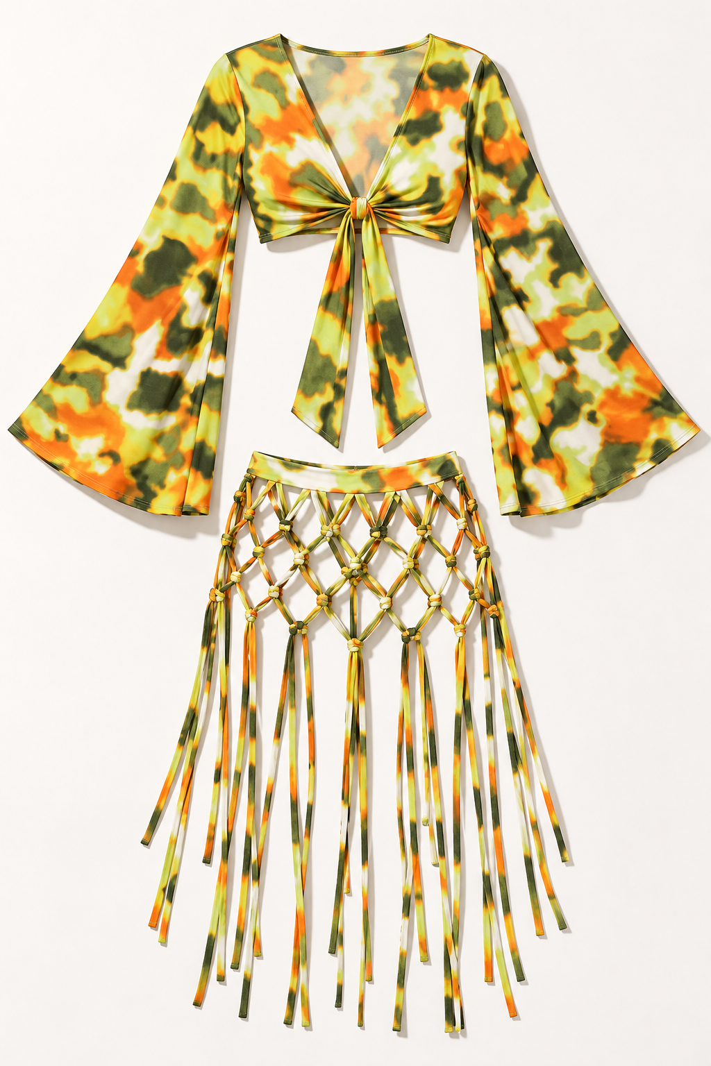 Muvin women's lime printed bell-sleeve top and net fringe skirt - front view