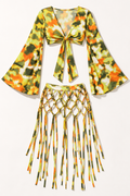 Muvin women's lime printed bell-sleeve top and net fringe skirt - front view