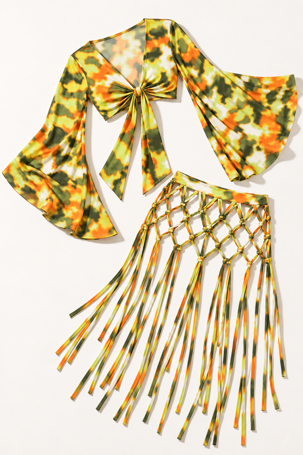 Lime printed bell-sleeve top and net fringe skirt - alternate front flat lay
