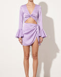 Muvin women's lavender satin ruffle sleeve cut out mini dress, front view on model