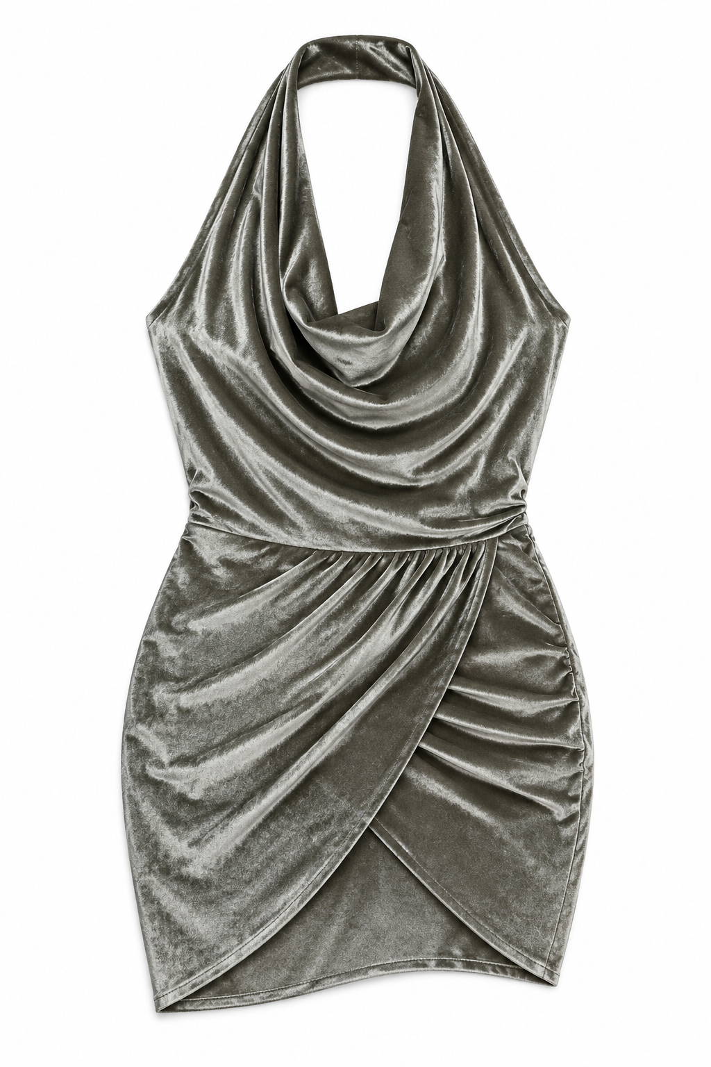 Olive cowlneck velvet mini dress, detail view, garment only