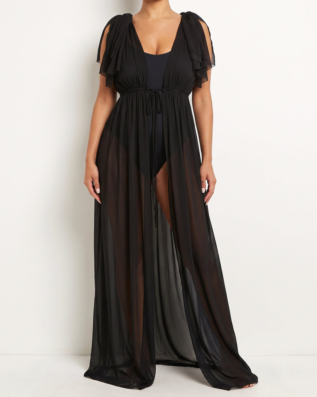 Black shoulder detailed coverup, front view on model