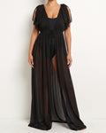 Black shoulder detailed coverup, front view on model