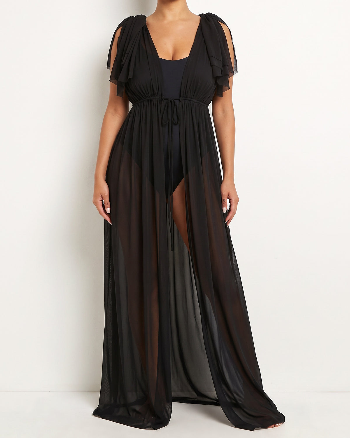 Black shoulder detailed coverup, front view on model