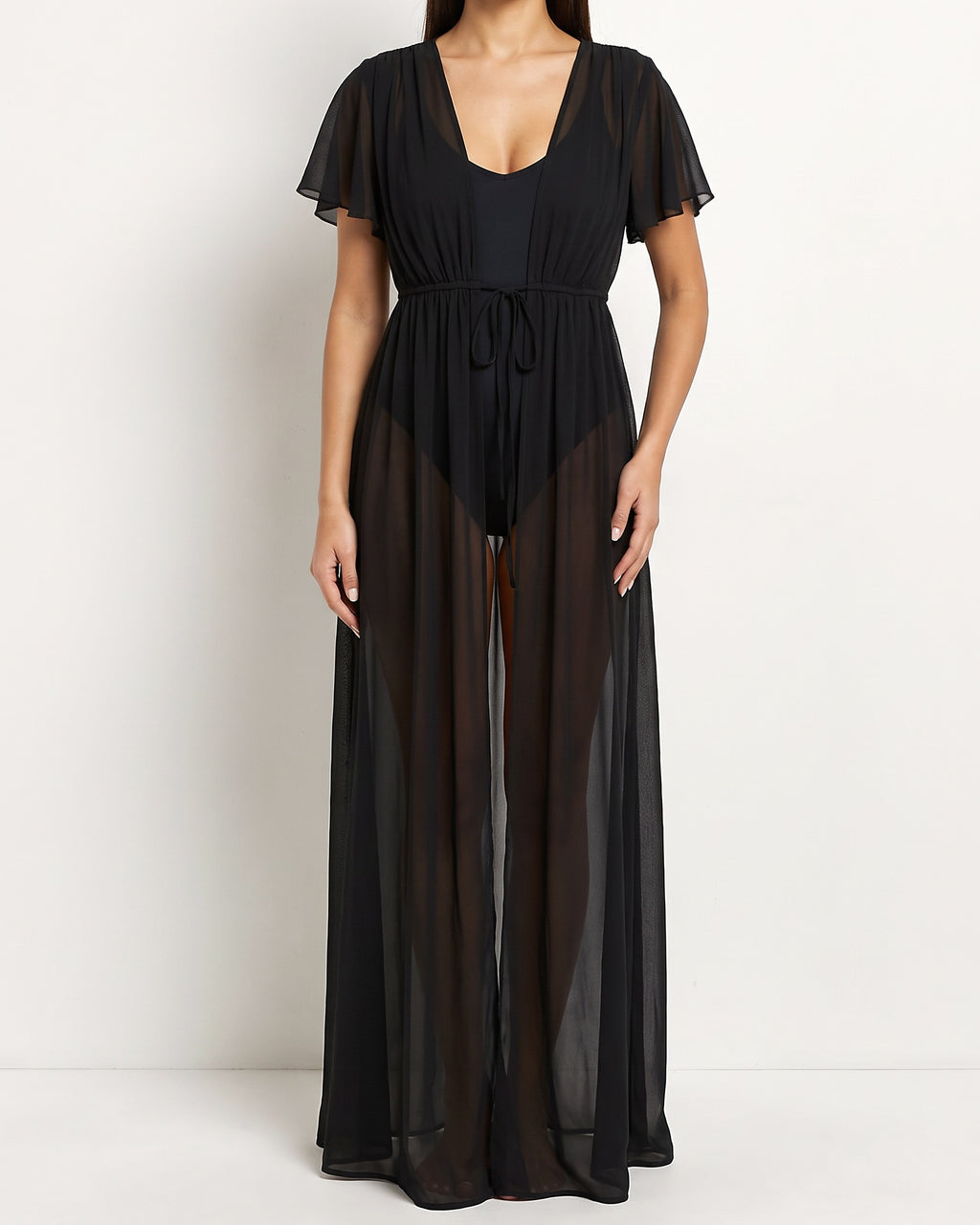 Black shoulder detailed coverup, alternate front view on model