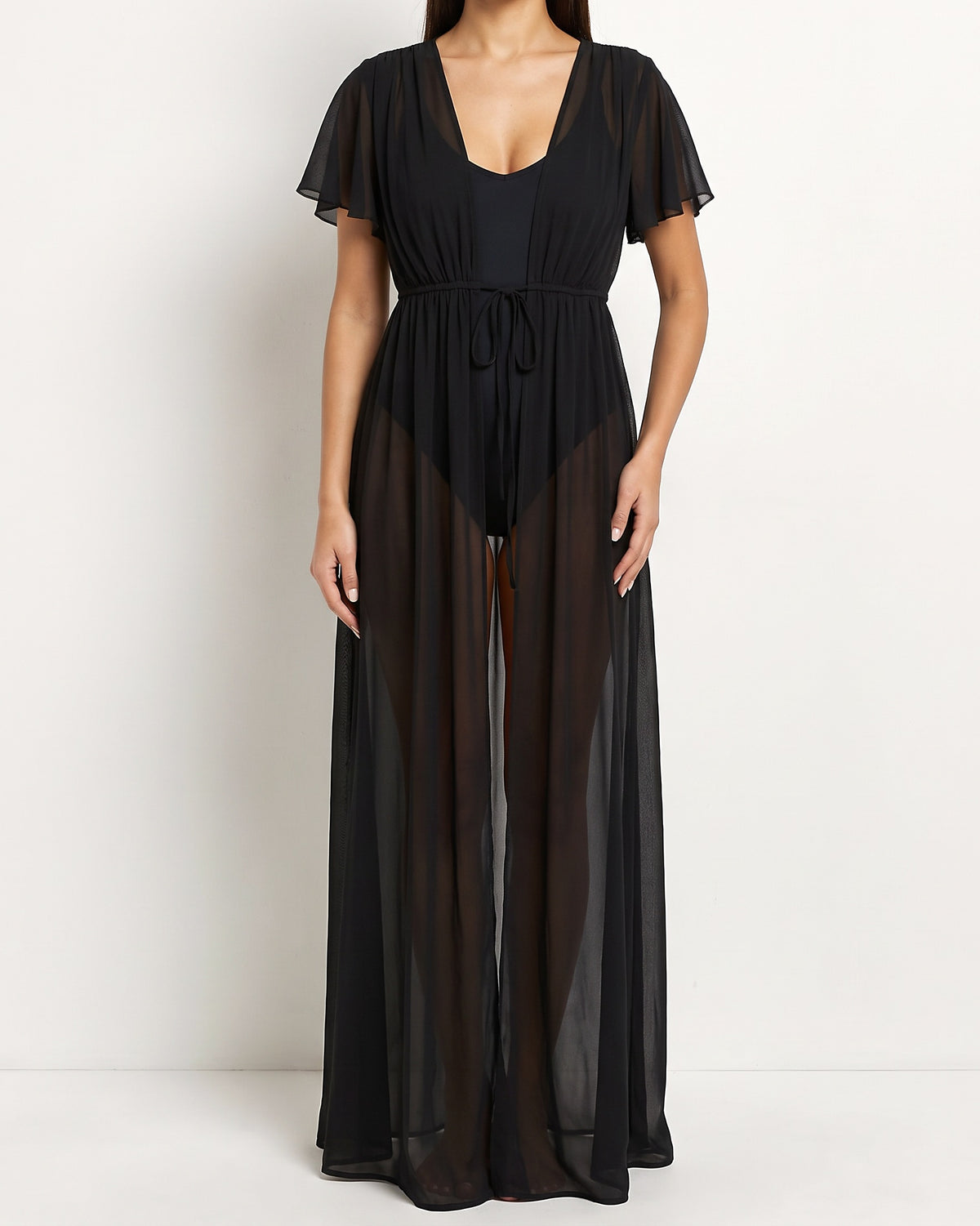 Black shoulder detailed coverup, alternate front view on model