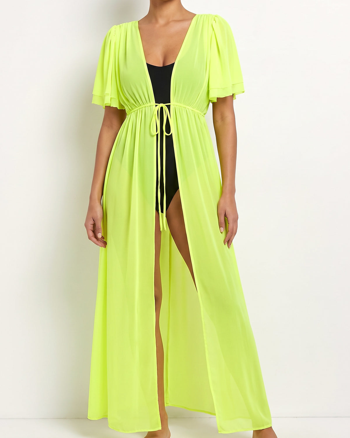 Neon yellow shoulder detailed coverup, front view on model
