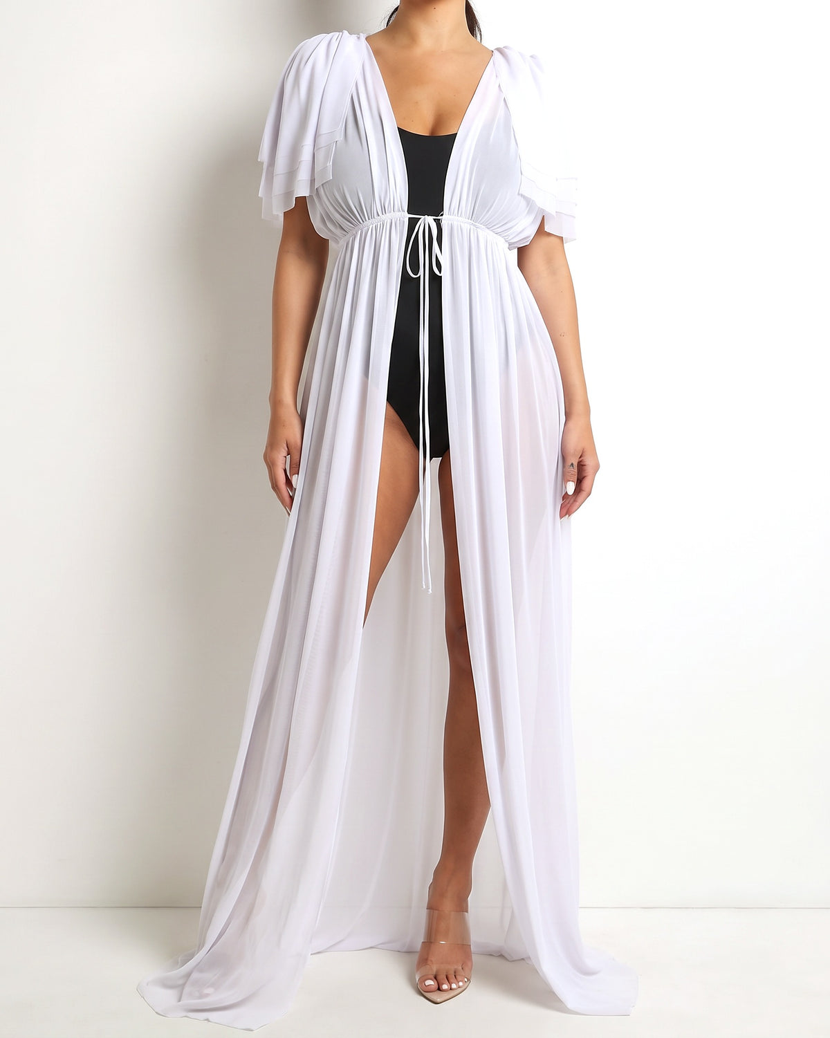 Muvin women's white shoulder detailed coverup, front view on model