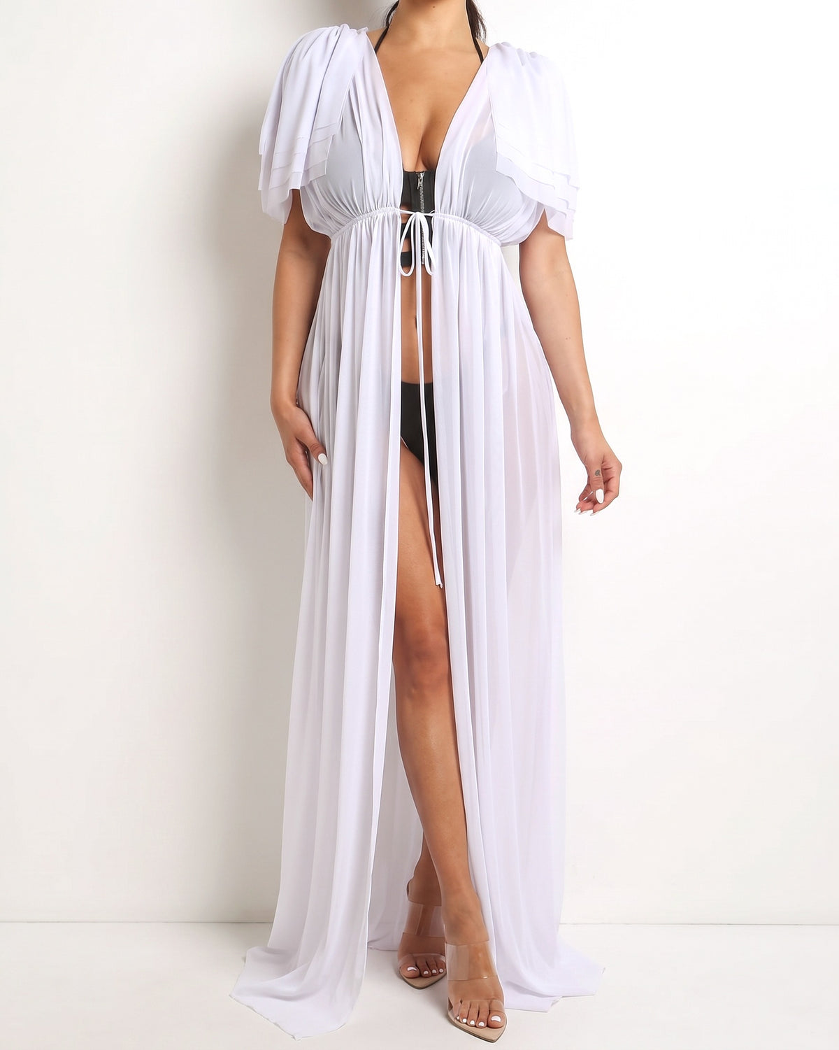 White shoulder detailed coverup, alternate front view on model