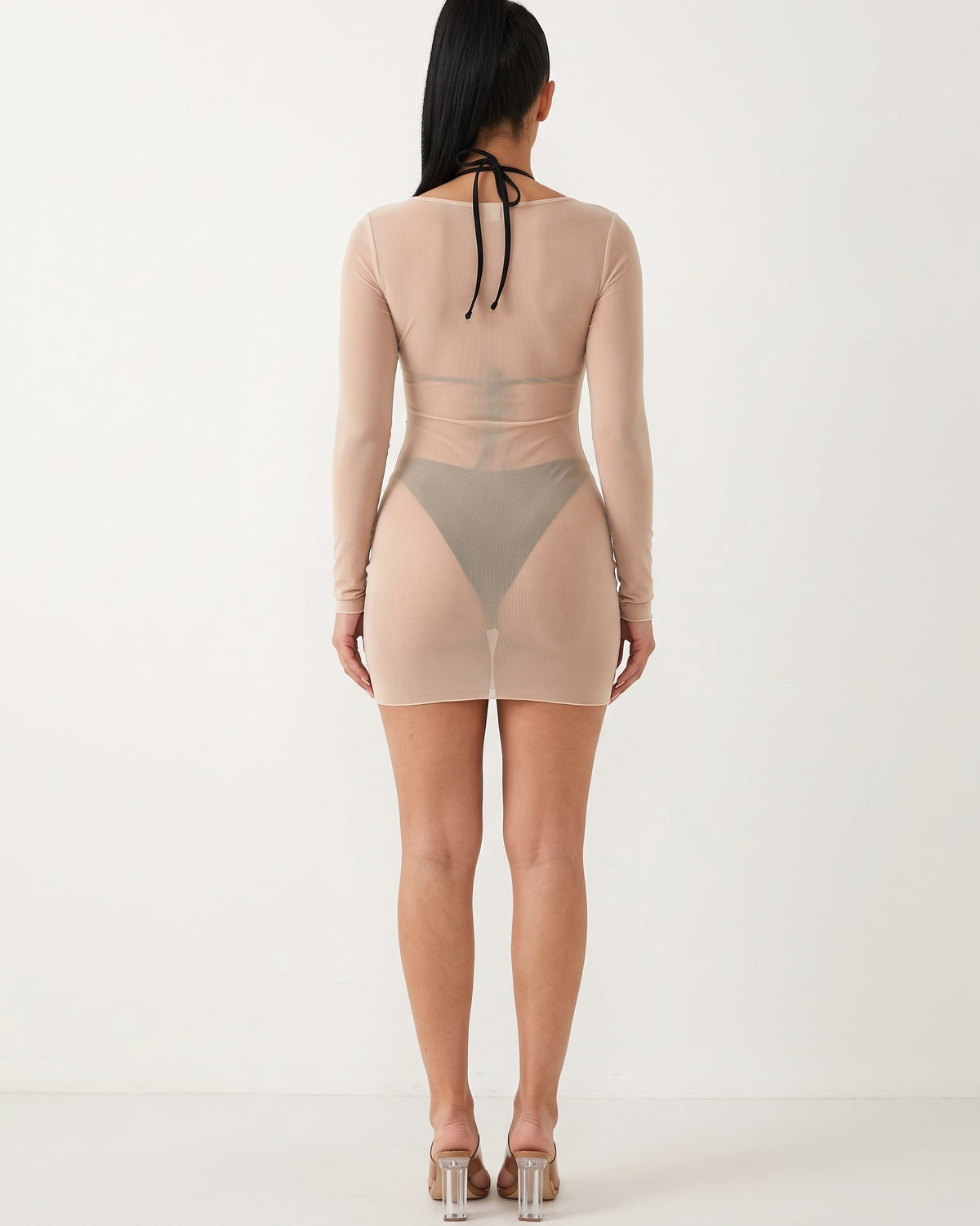 Nude mesh sheer dress, back view on model