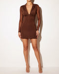Muvin women's brown collared bodycon dress with mesh sleeve, front view on model