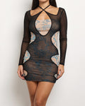 Muvin women's nude and black glittered mesh contrast dress, front view on model