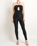 Muvin women's black cut out detailed tube bodysuit, front view on model