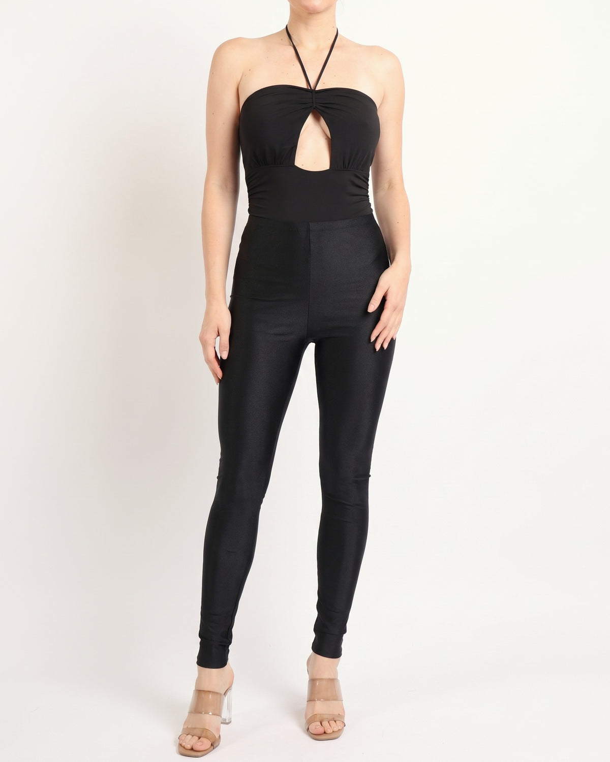 Black cut out detailed tube bodysuit, alternate front view on model