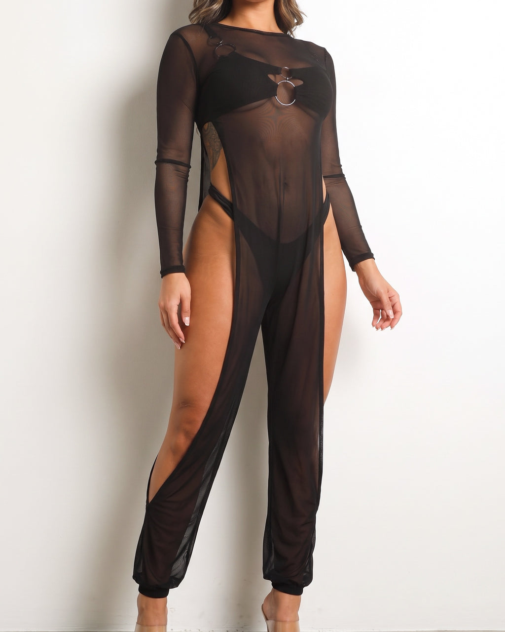 Black mesh coverup jumpsuit, front view on model