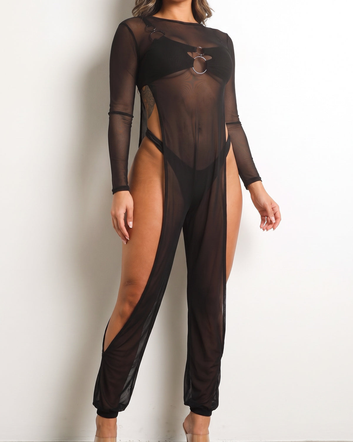 Black mesh coverup jumpsuit, front view on model