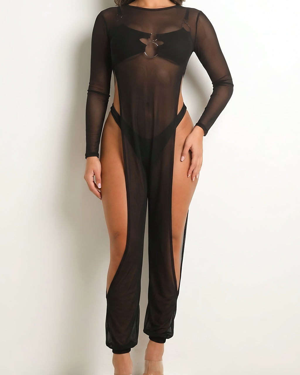 Black mesh coverup jumpsuit, alternate front view on model