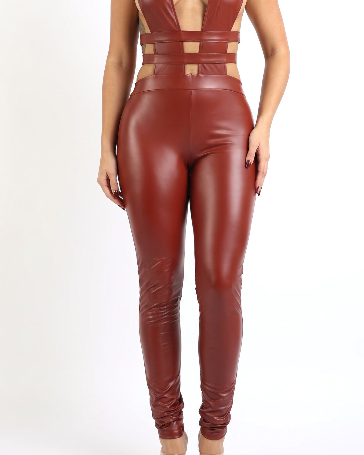 Burgundy matte PU panel jumpsuit, alternate front view on model