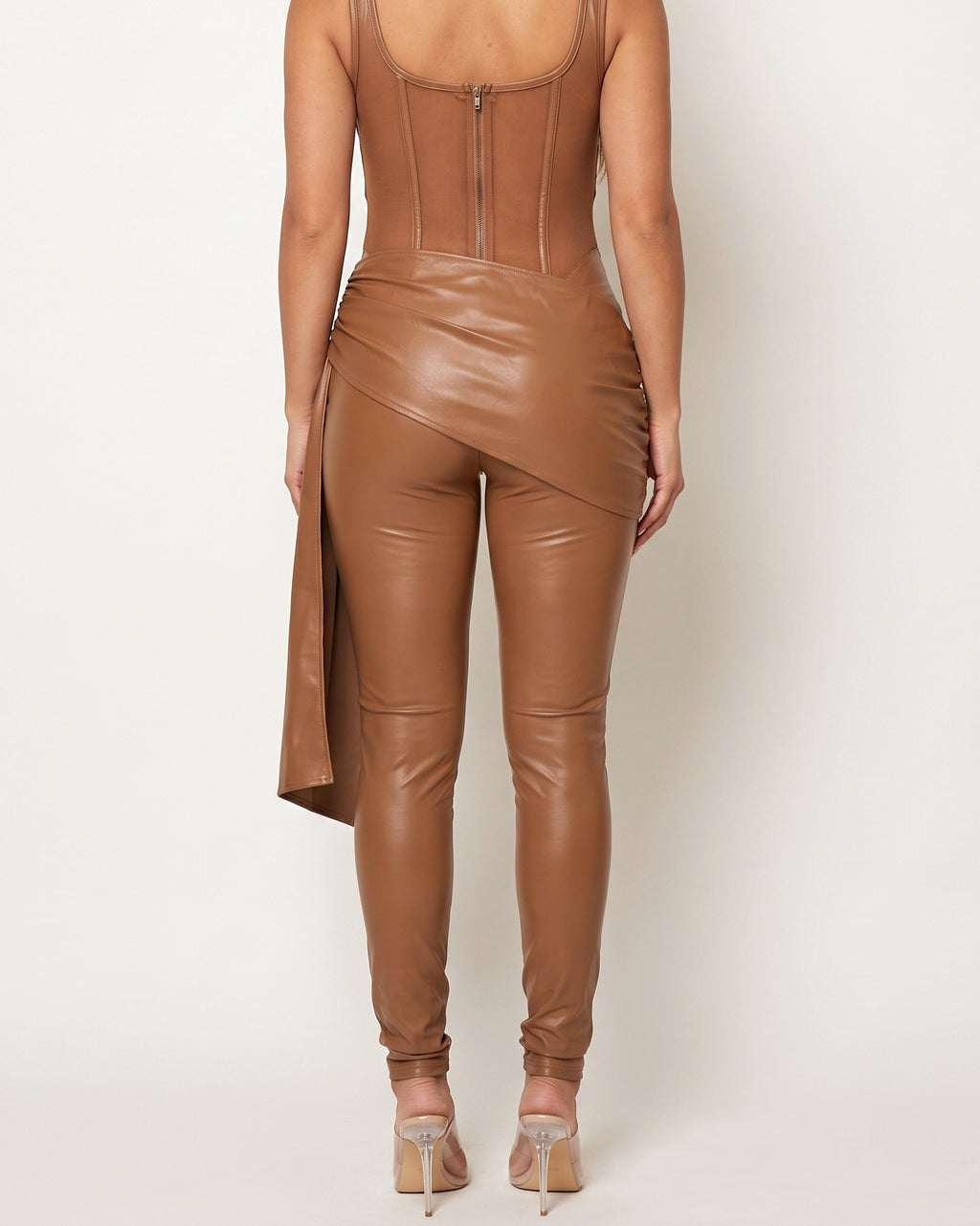 Mocha matte PU mesh contrast jumpsuit, back view on model
