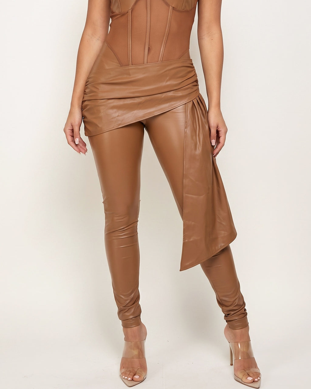 Muvin women's mocha matte PU mesh contrast jumpsuit, front view on model