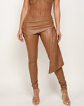 Muvin women's mocha matte PU mesh contrast jumpsuit, front view on model