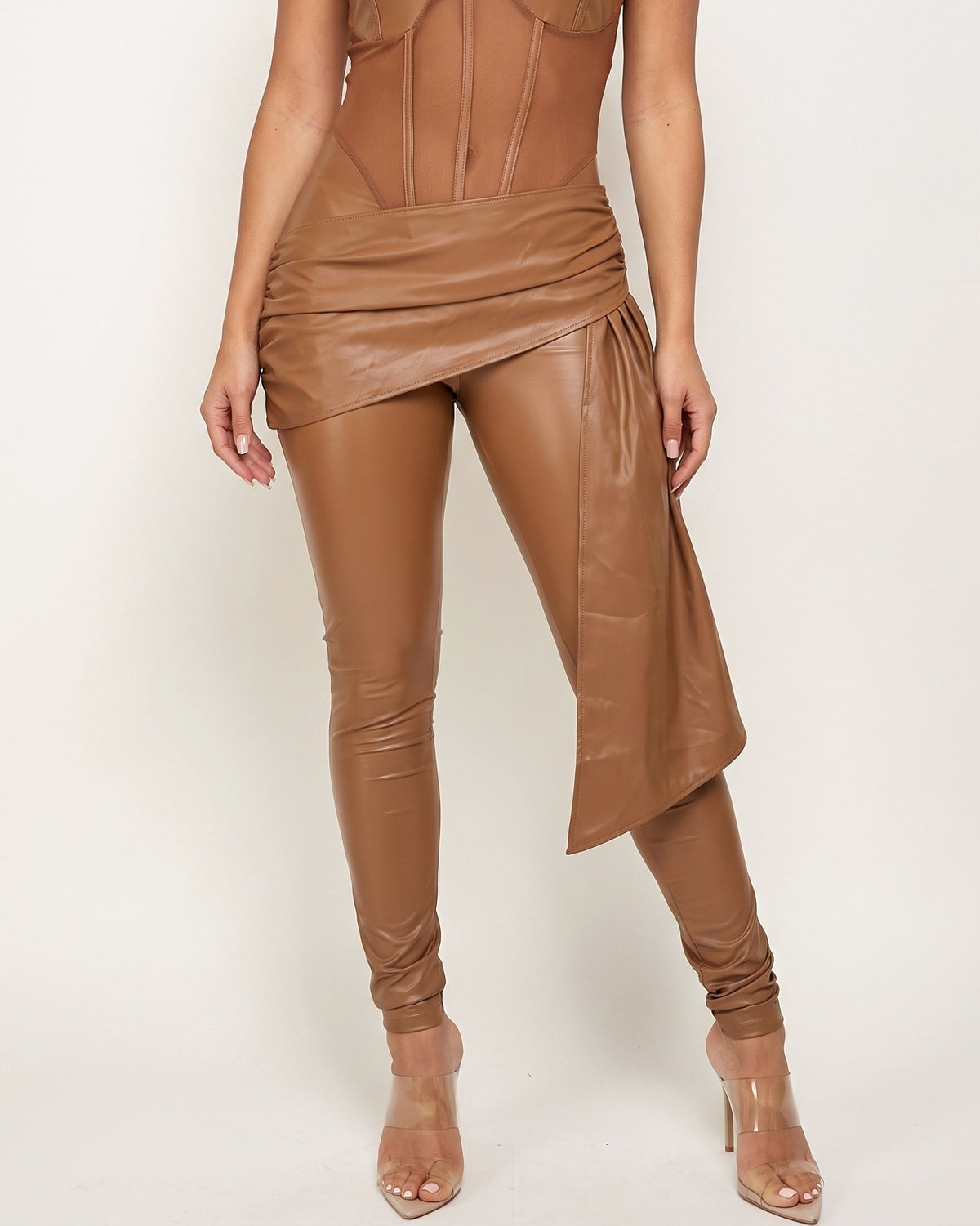 Muvin women's mocha matte PU mesh contrast jumpsuit, front view on model