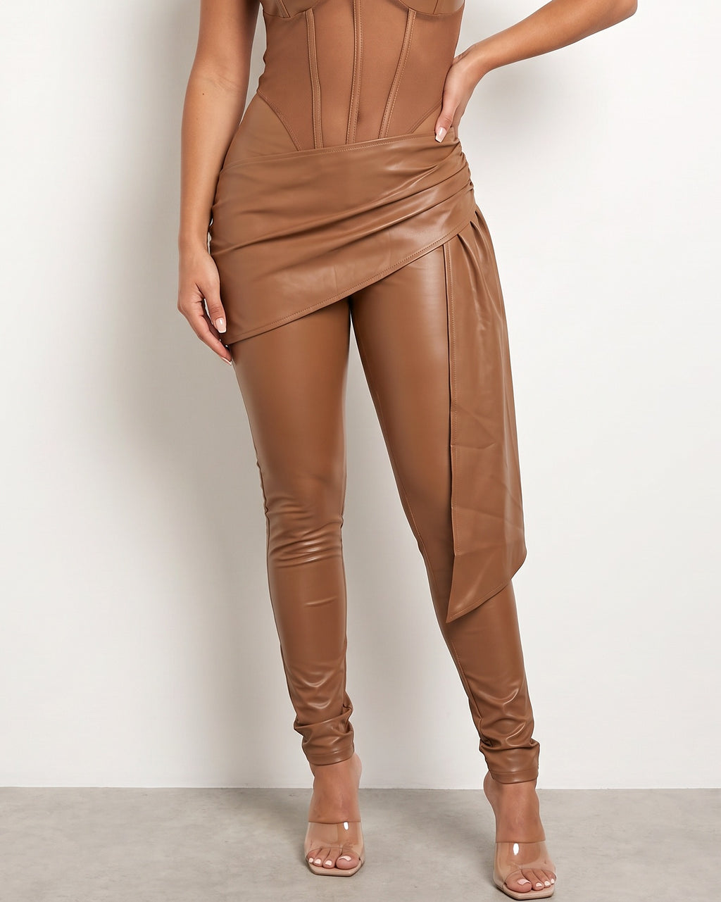 Mocha matte PU mesh contrast jumpsuit, alternate front view on model