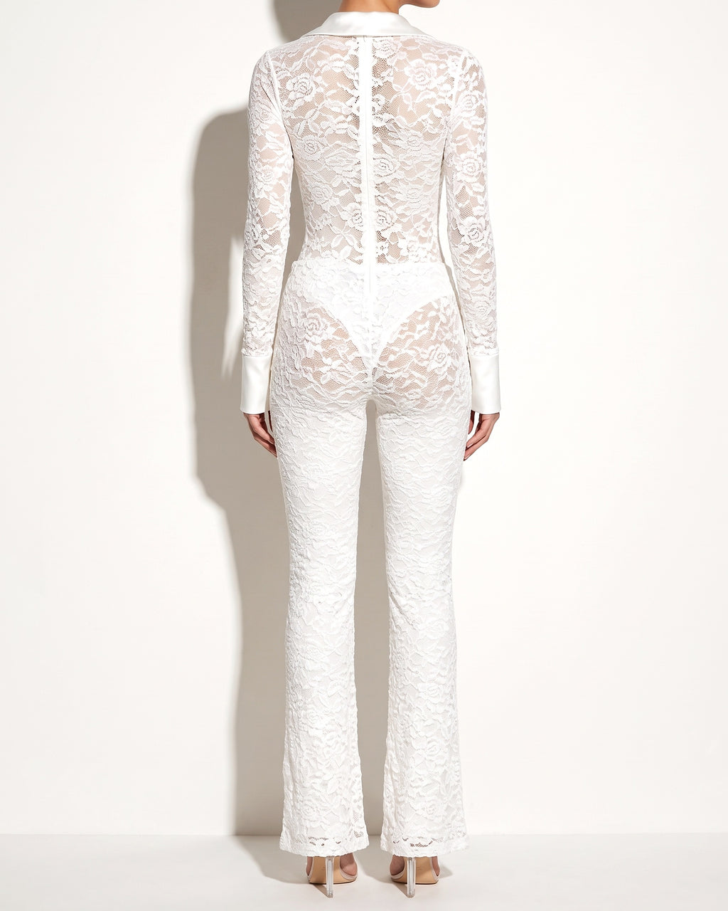 White lace bodysuit and pants set, back view on model