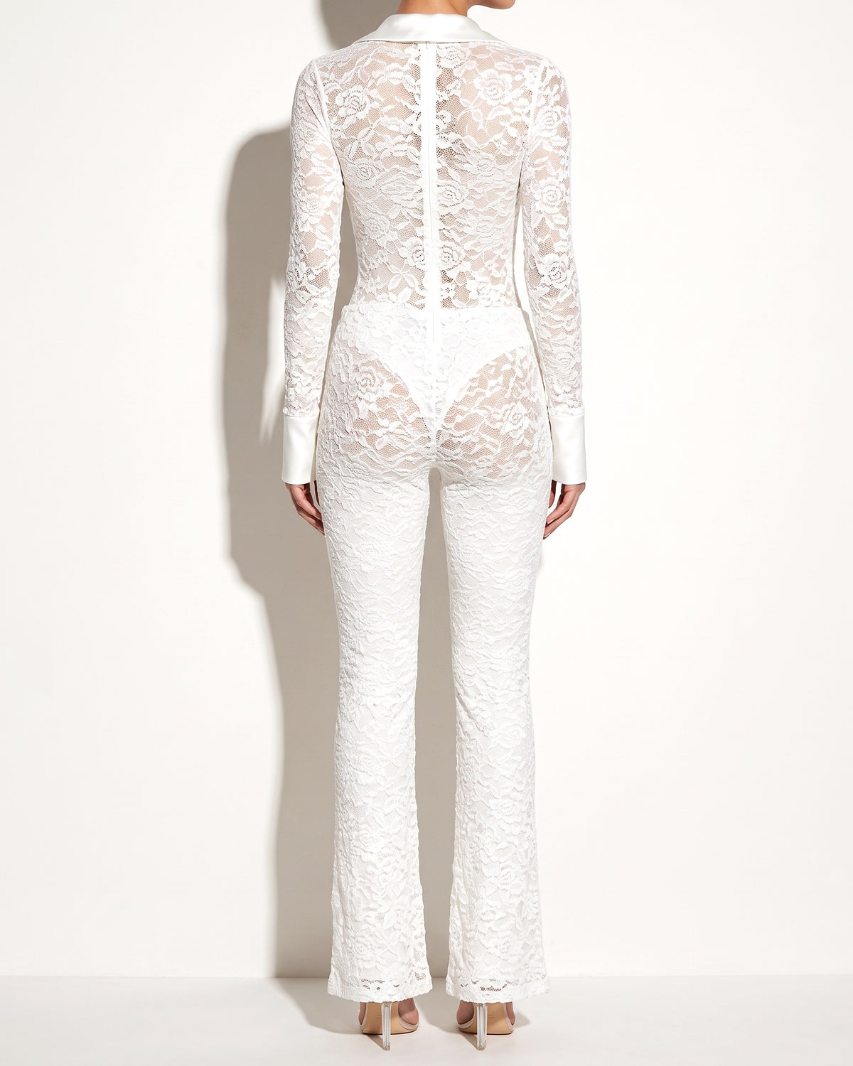 White lace bodysuit and pants set, back view on model