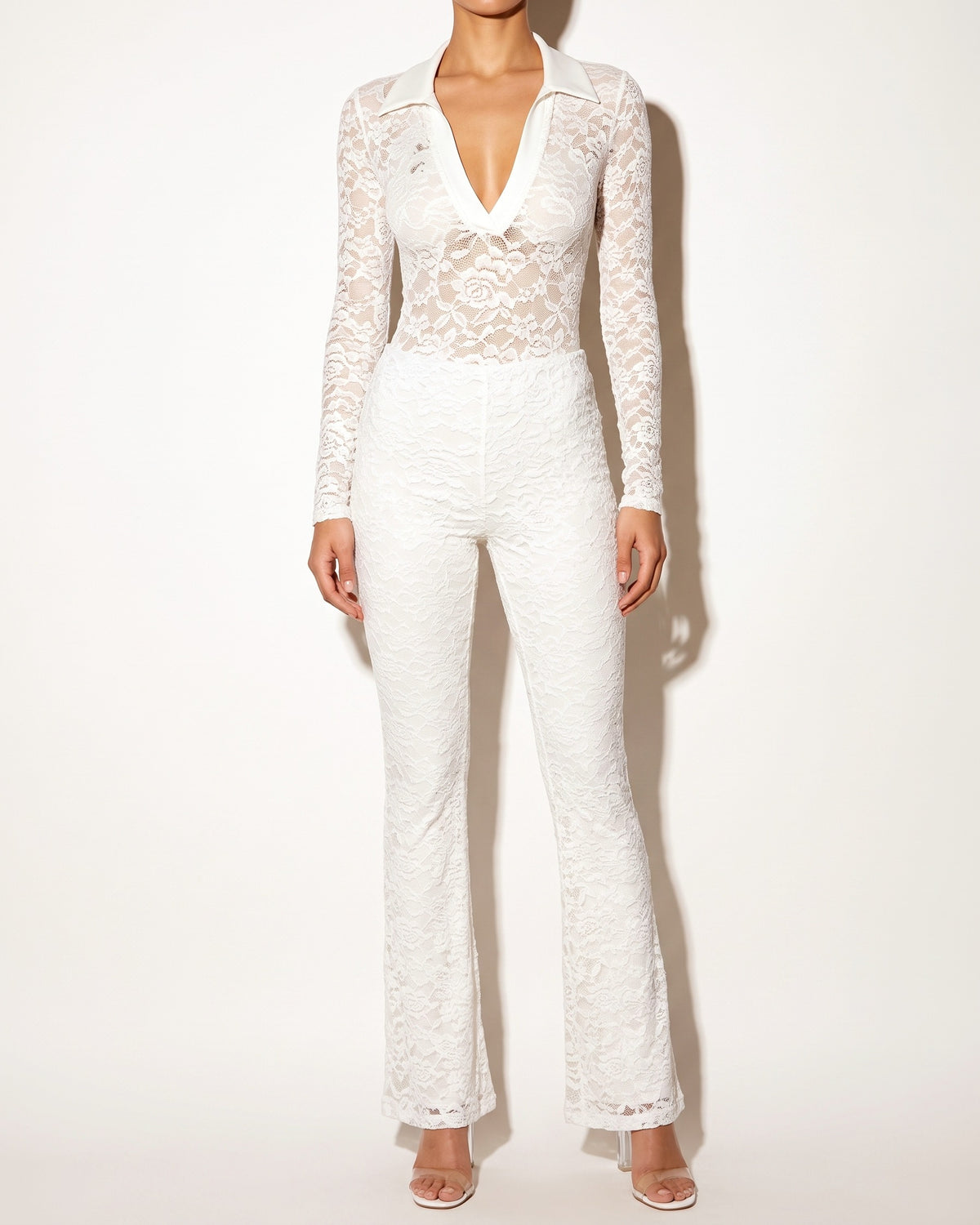 Muvin women's white lace bodysuit and pants set, front view on model