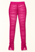 Fuchsia ruched mesh leggings – front view