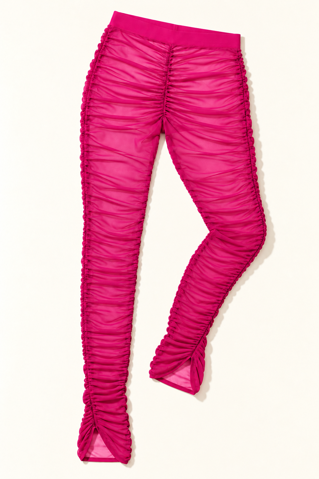 Fuchsia ruched mesh leggings – alternate front flat lay