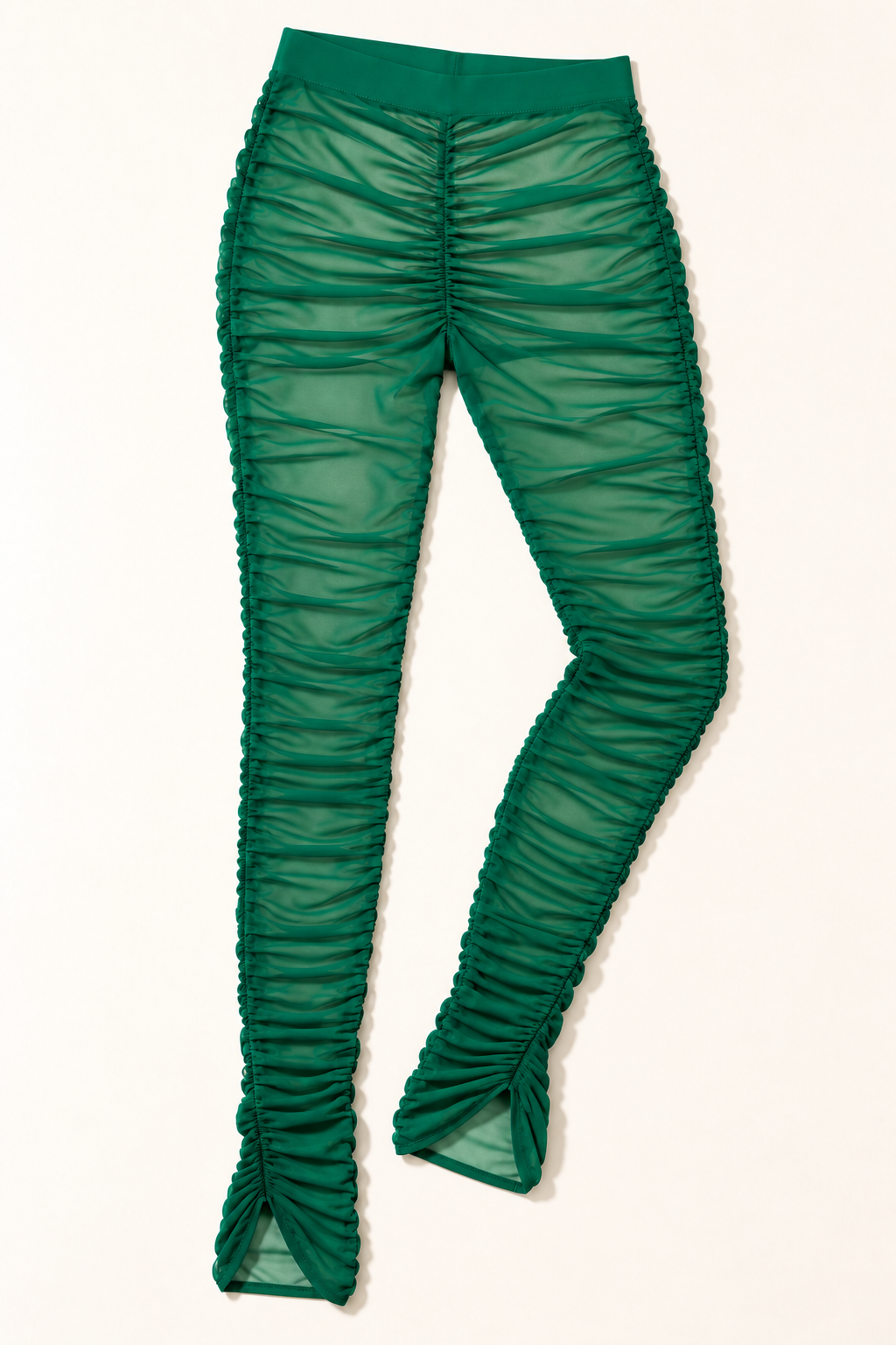 Kelly green ruched mesh leggings – alternate front flat lay