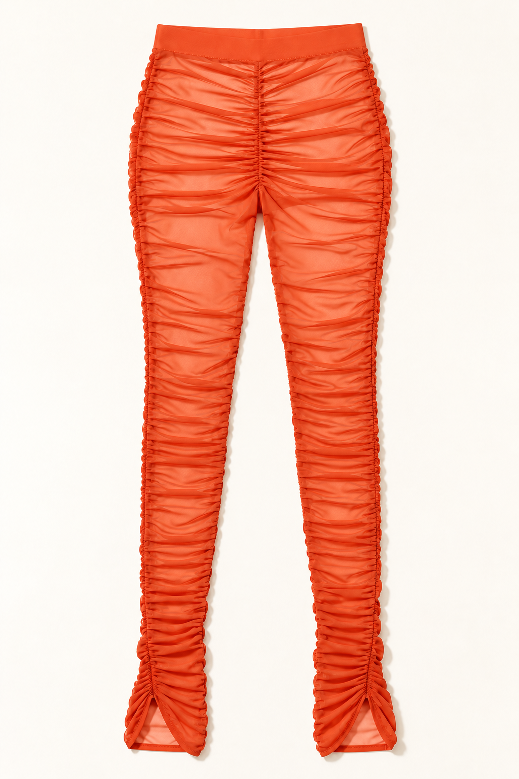Orange ruched mesh leggings – front view
