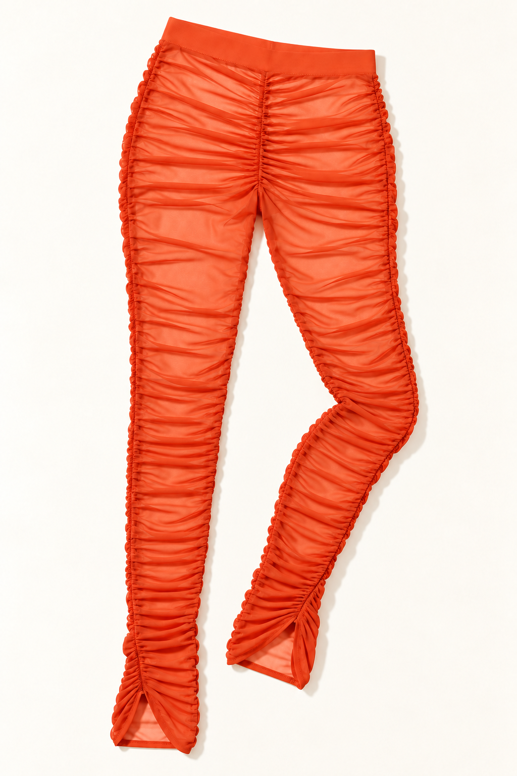 Orange ruched mesh leggings – alternate front flat lay