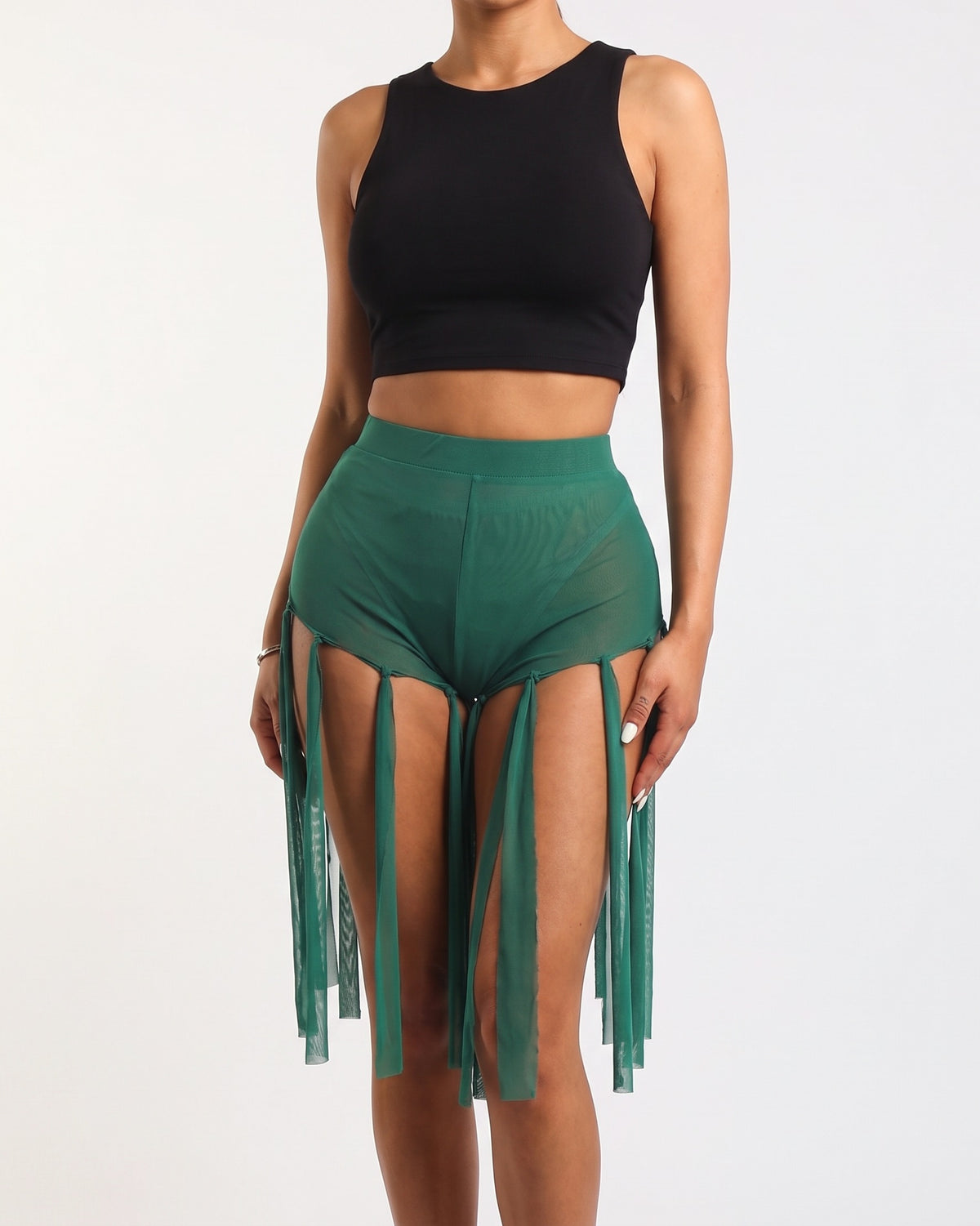 Kelly green fringed mesh shorts, alternate front view on model