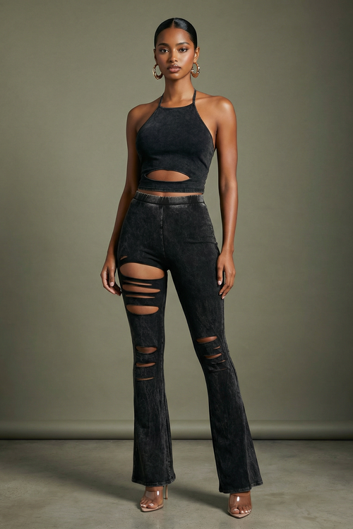 Charcoal mineral wash cutout wide leg pants with lace-up accent detail