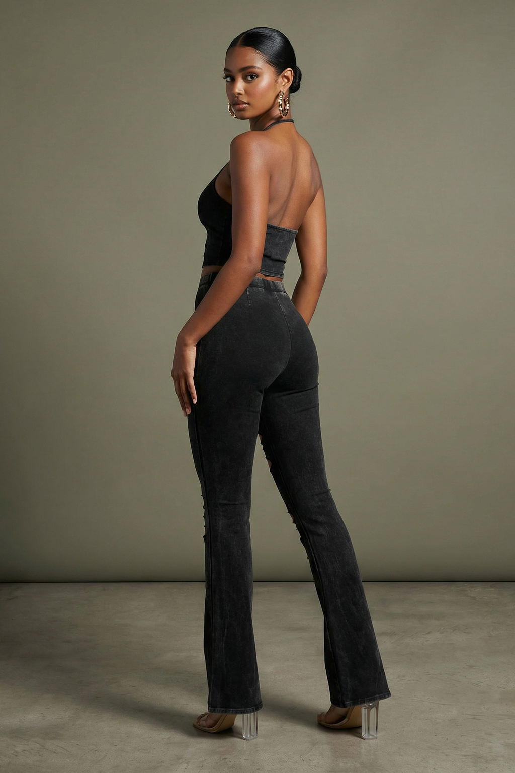 Black mineral wash cutout wide leg pants, back view