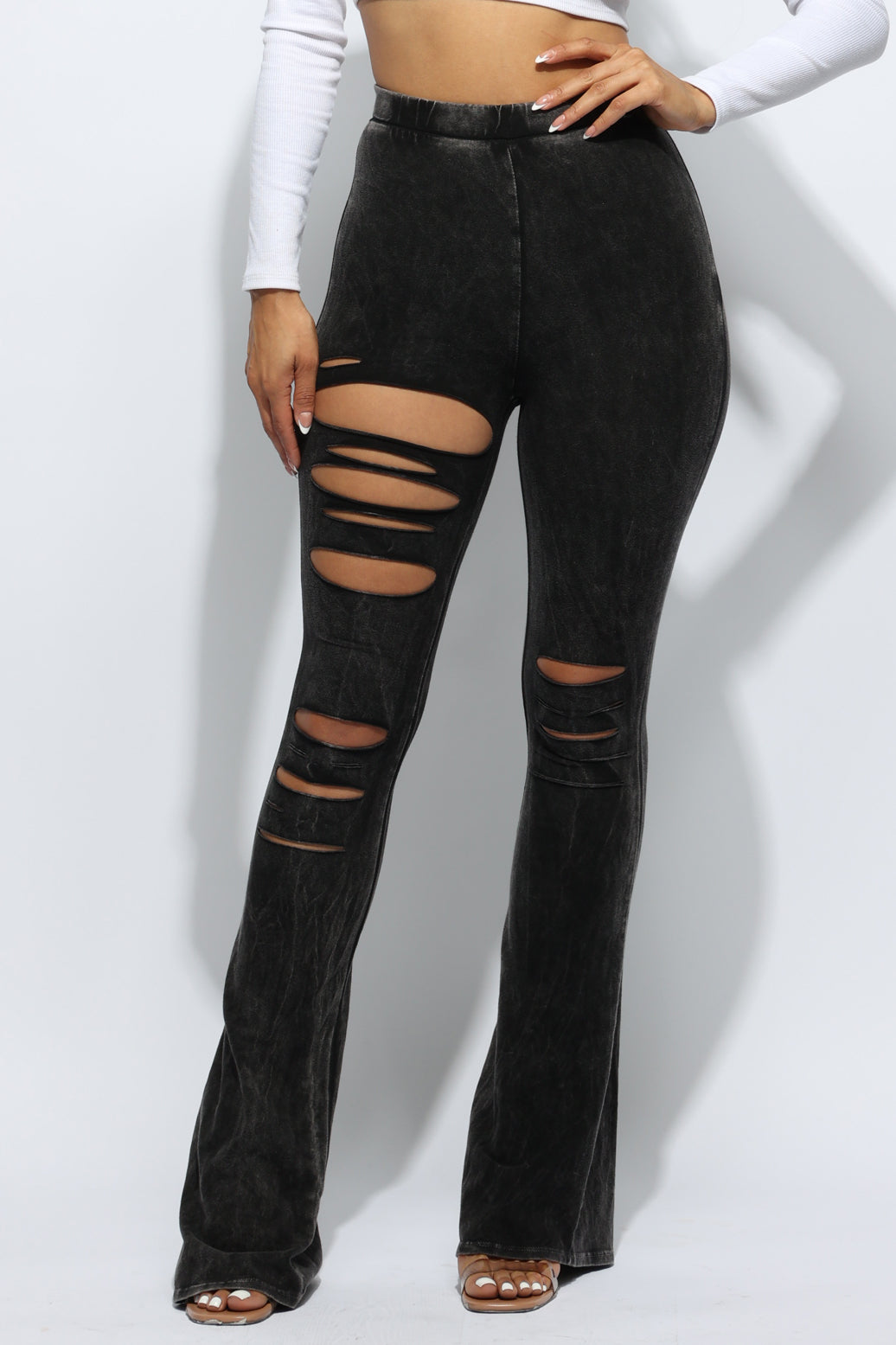 Mineral wash cutout wide leg pants showing side cutout detail