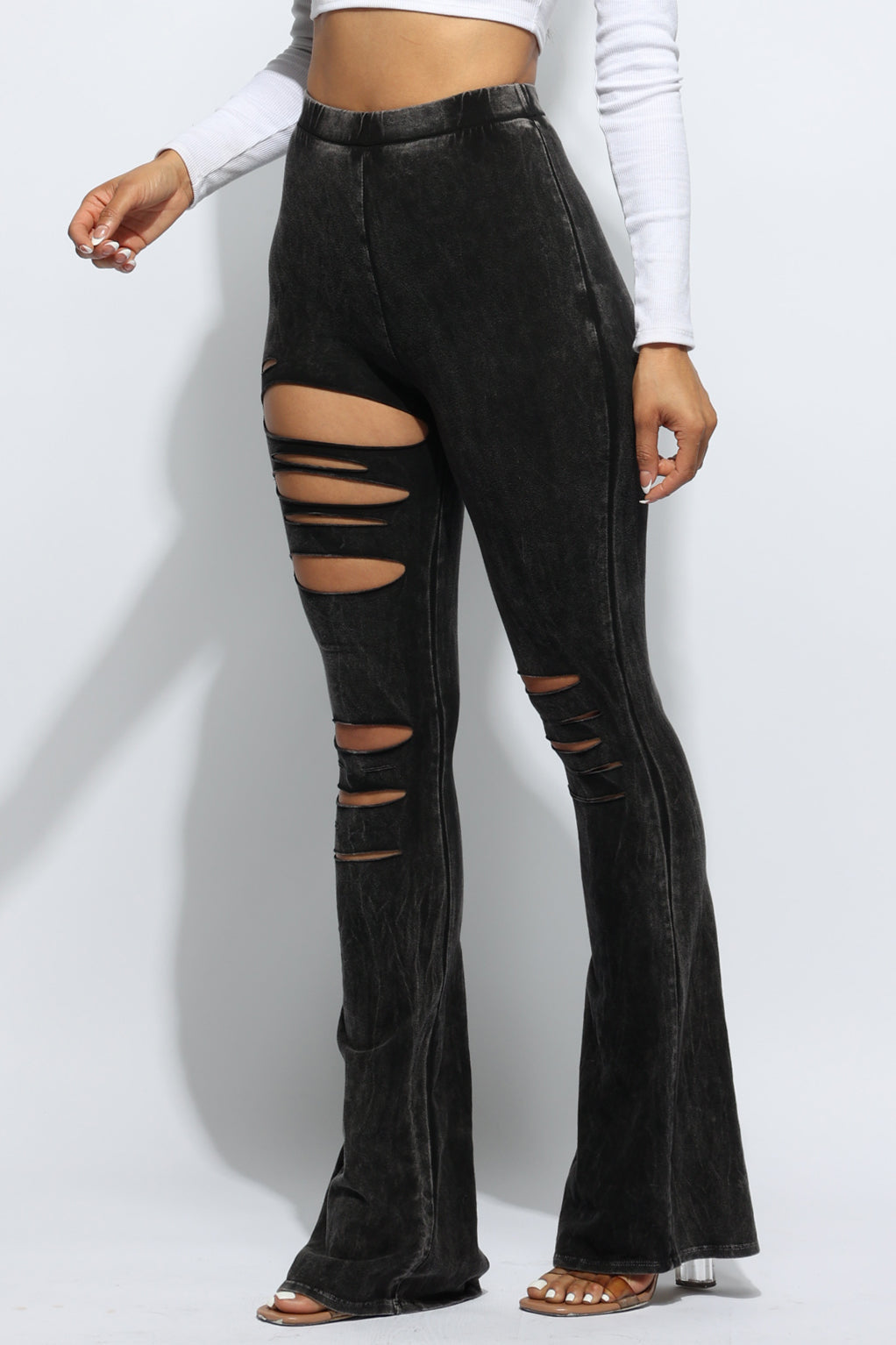 Mineral wash cutout wide leg pants showing side cutout detail