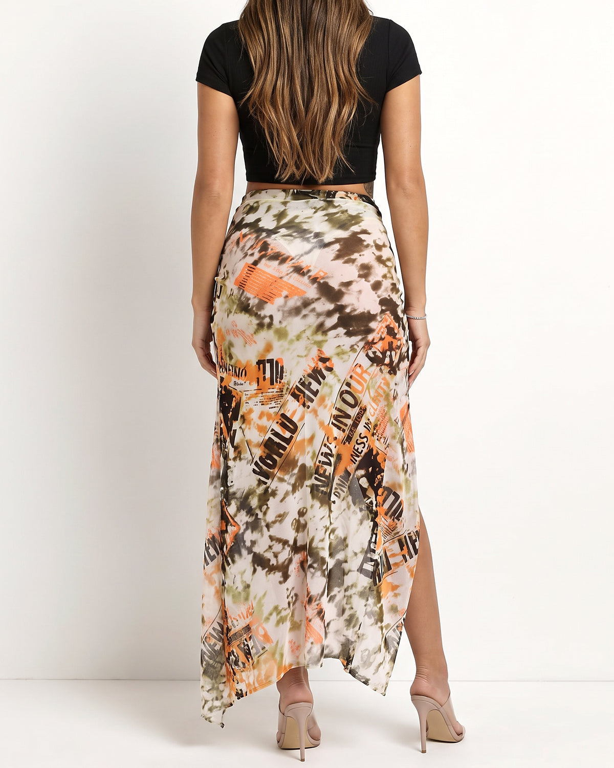 Orange combo printed mesh maxi skirt, back view on model