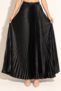 Muvin women's black pleated satin maxi skirt, front view showing full accordion-pleated skirt and elastic waistband
