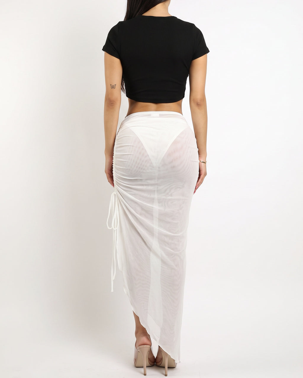 White ariel mesh midi skirt, back view on model