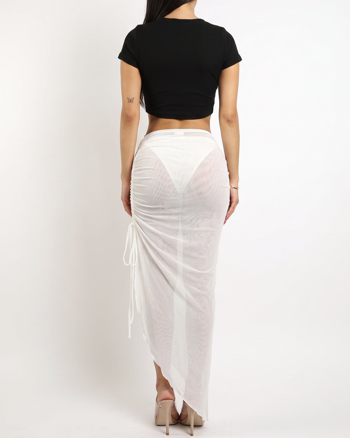 White ariel mesh midi skirt, back view on model